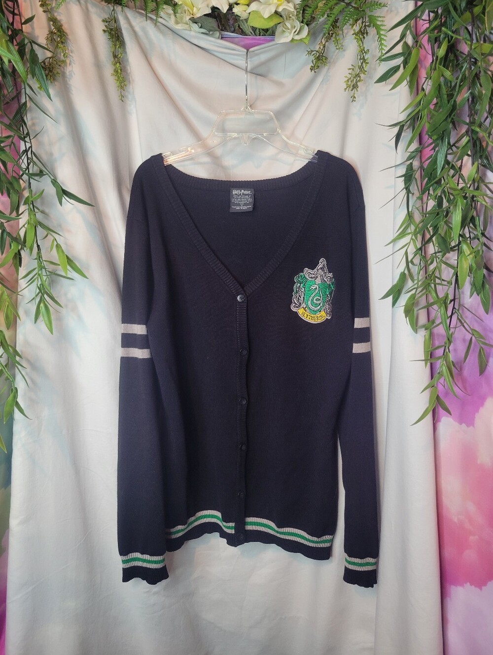 Slytherin House Crest Black Cardigan with Green & Silver/Gray Trim